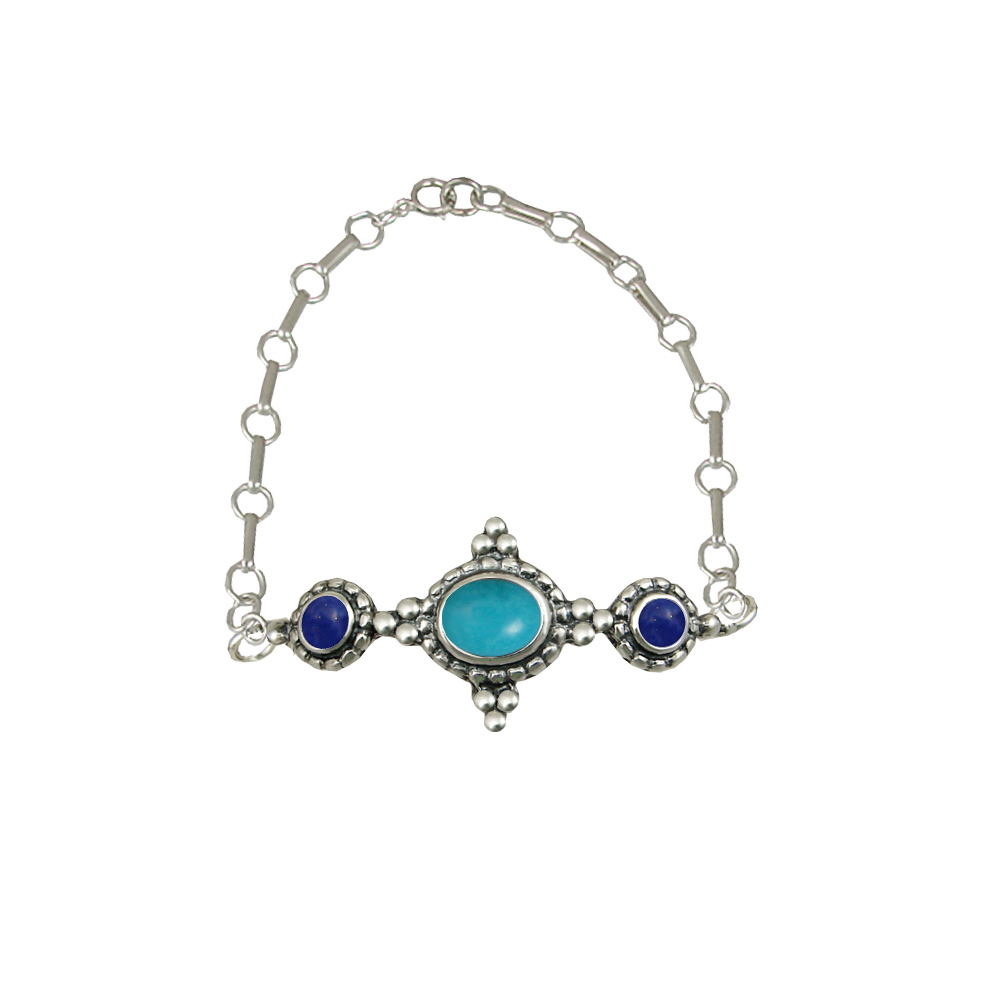 Sterling Silver Gemstone Adjustable Chain Bracelet With Turquoise And Lapis Lazuli